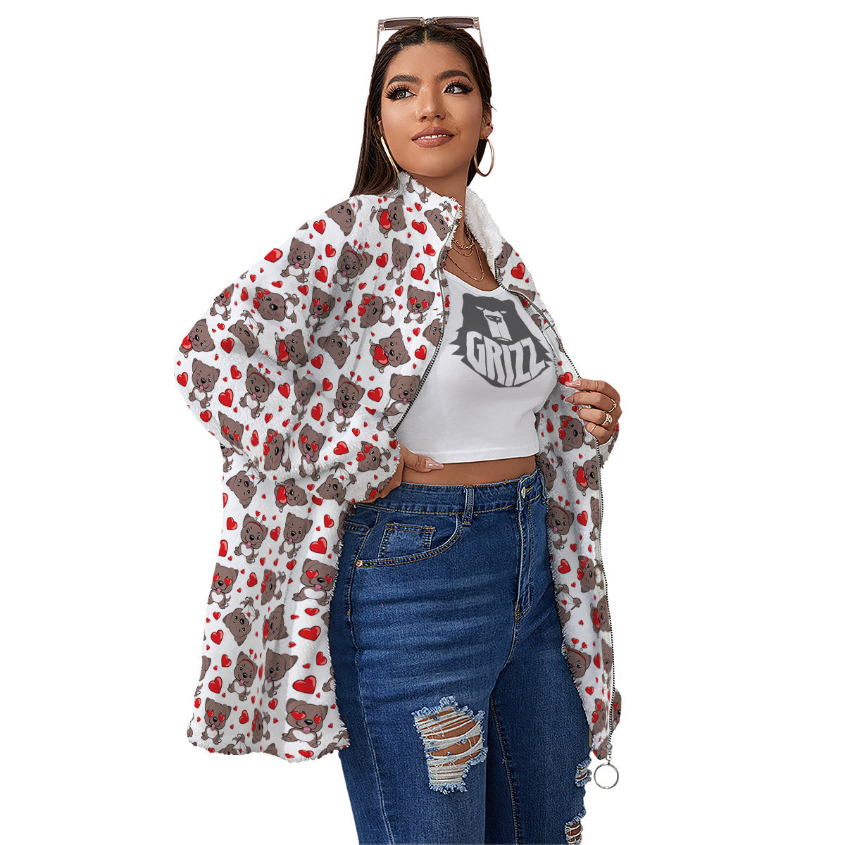 Emoji Cute Dog Print Pattern Women's Sherpa Jacket-grizzshop