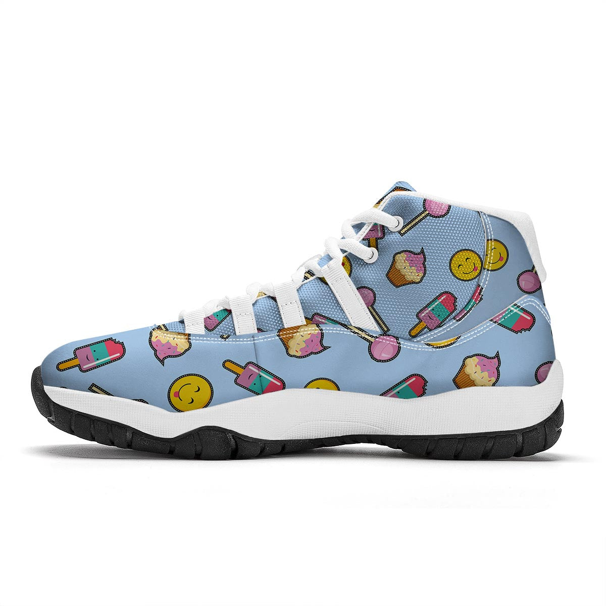 Emoji Dessert Pattern Print White Bball Shoes-grizzshop