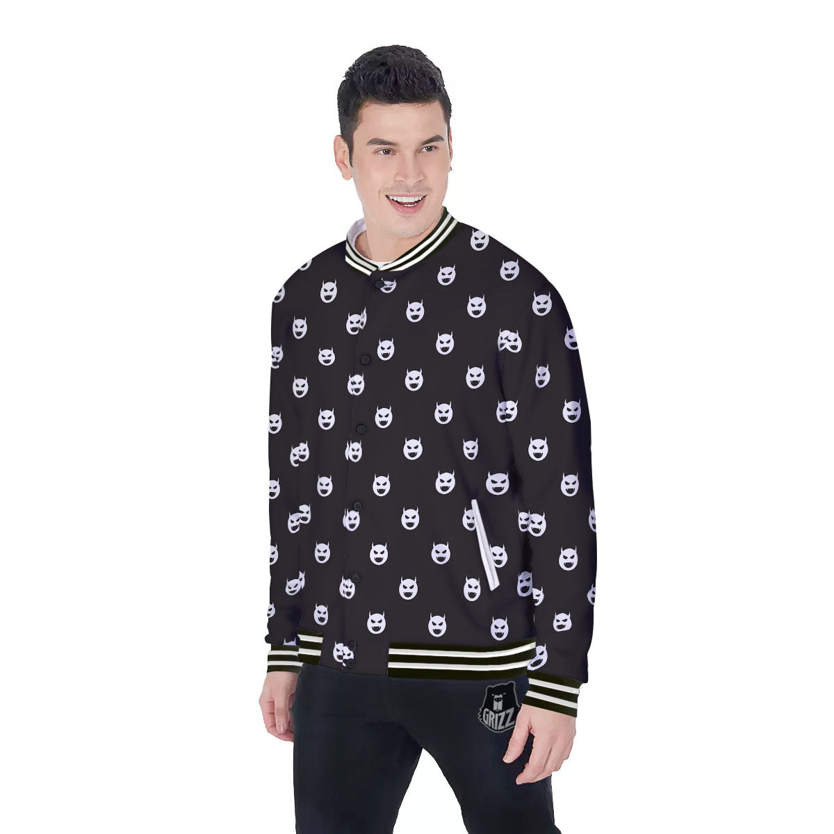 Emoji Devil Print Pattern Baseball Jacket-grizzshop