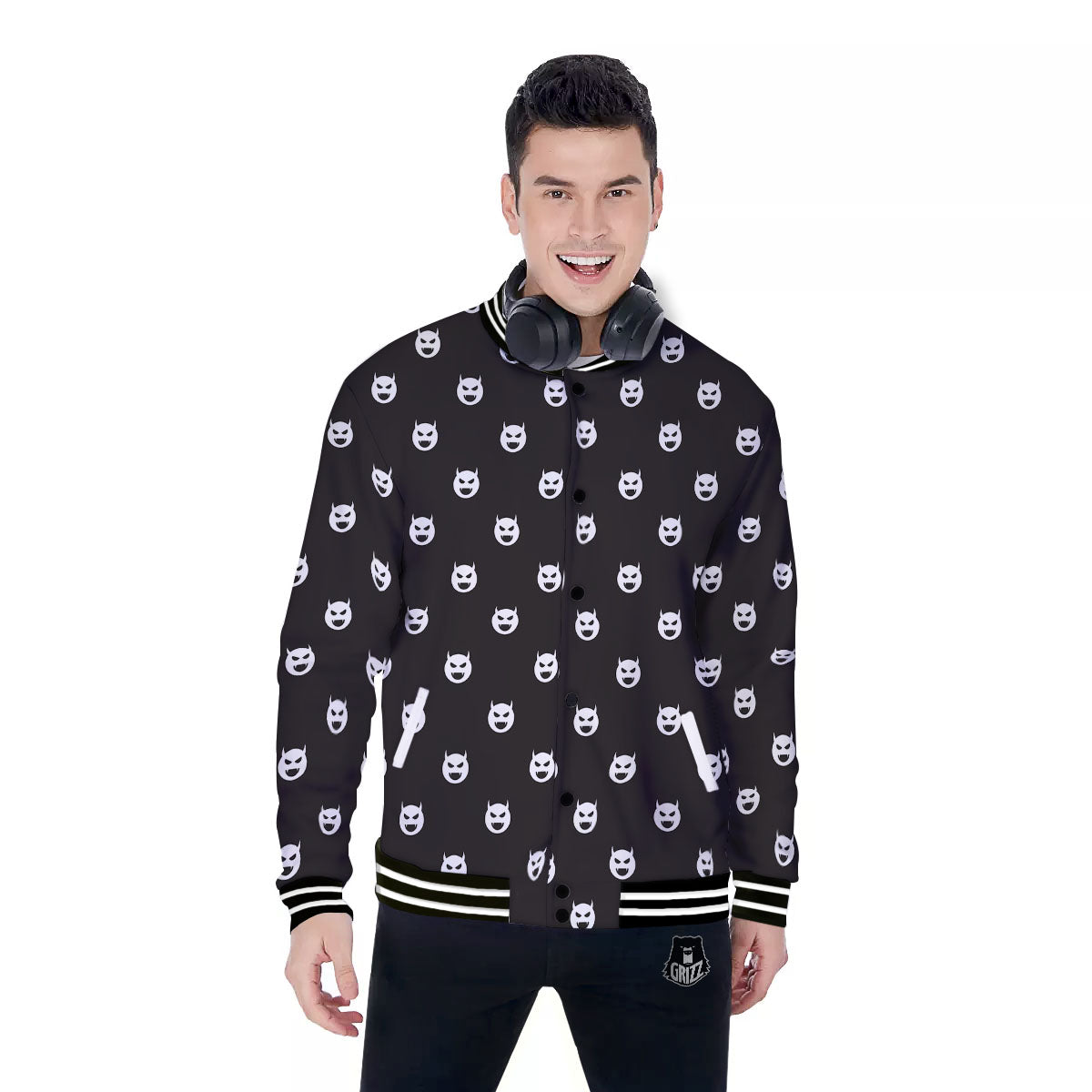 Emoji Devil Print Pattern Baseball Jacket-grizzshop