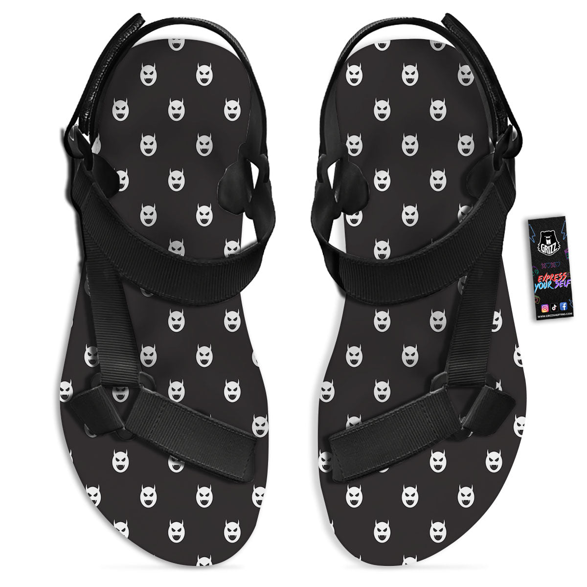 Emoji Devil Print Pattern Black Open Toe Sandals-grizzshop