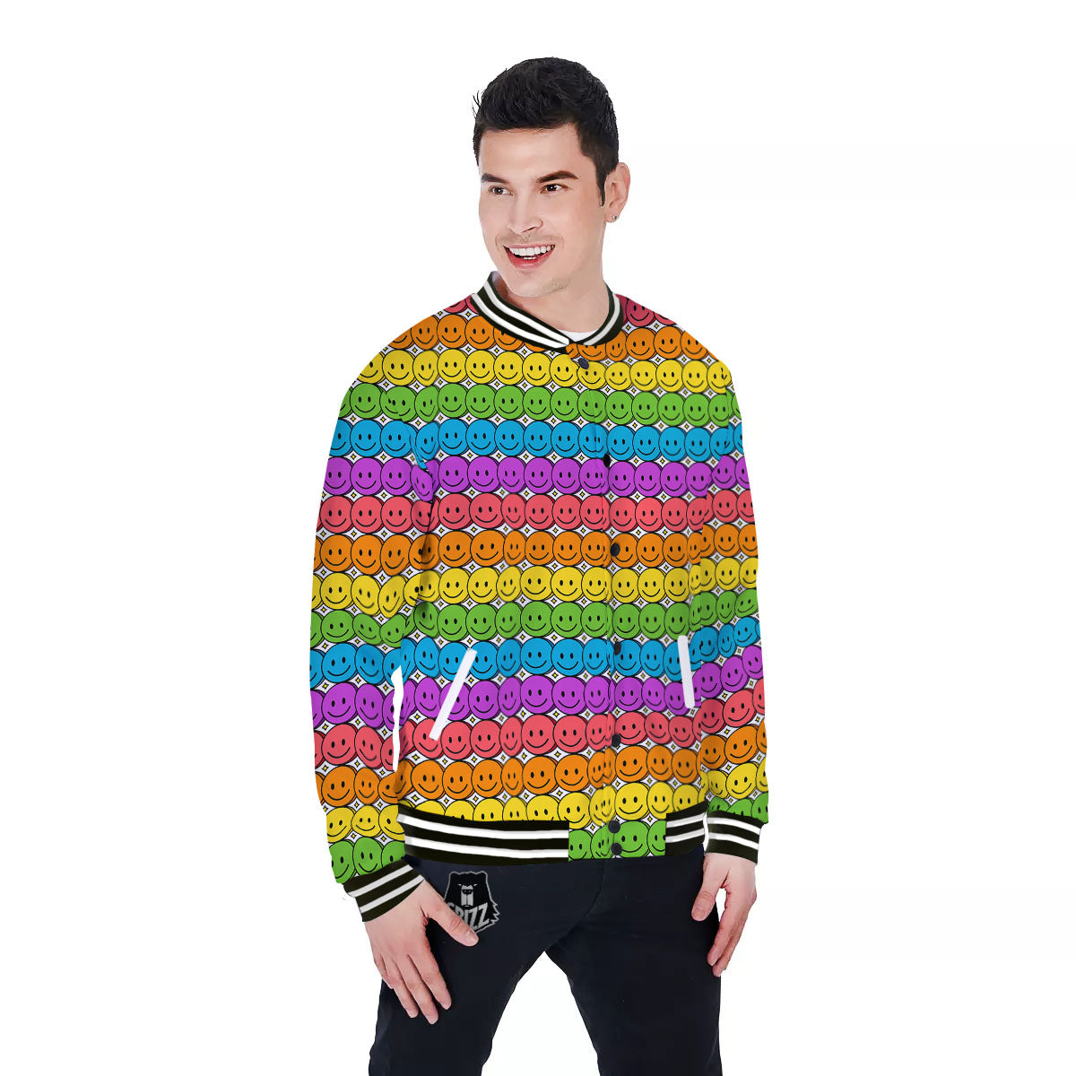 Emoji Faces Colorful Print Pattern Baseball Jacket-grizzshop