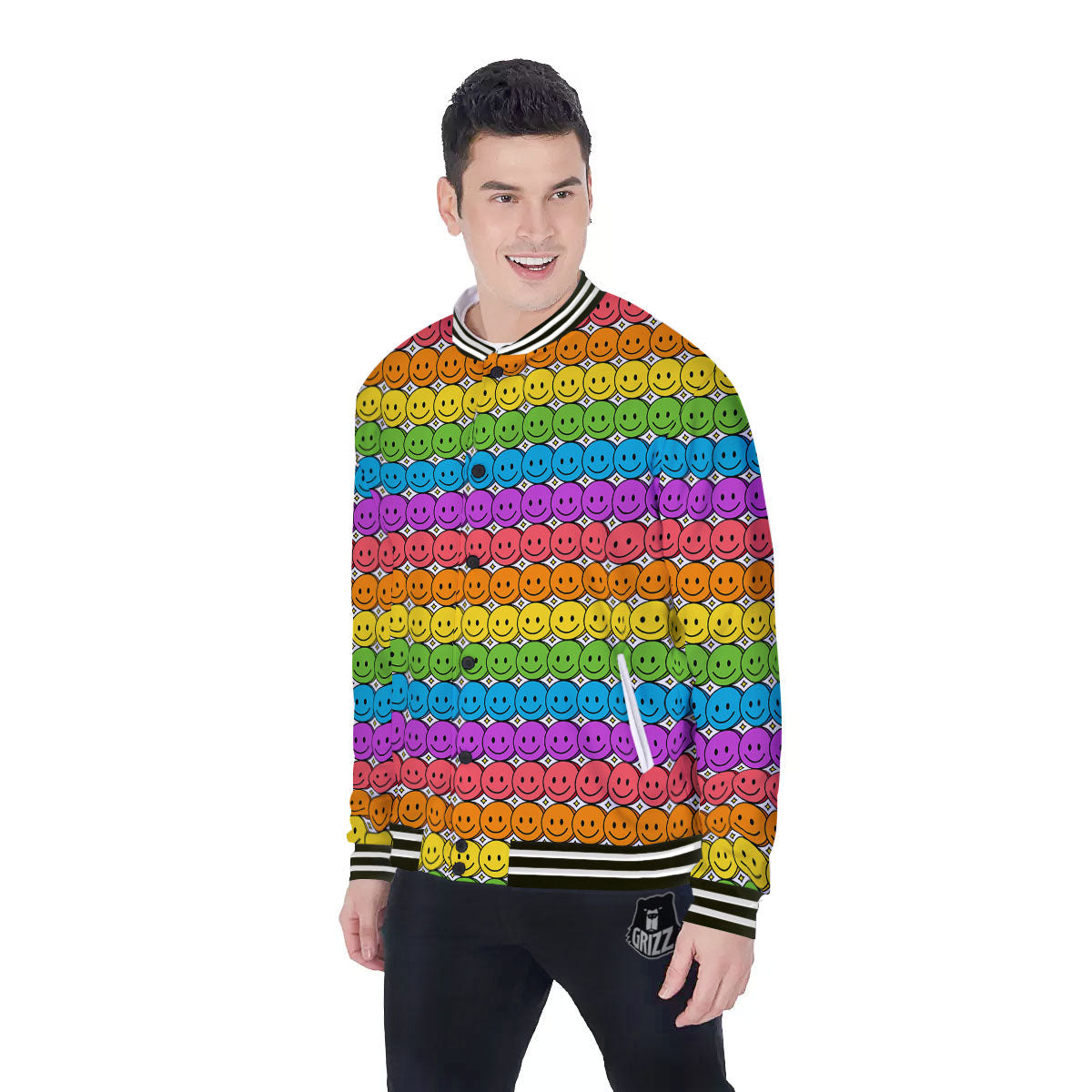 Emoji Faces Colorful Print Pattern Baseball Jacket-grizzshop