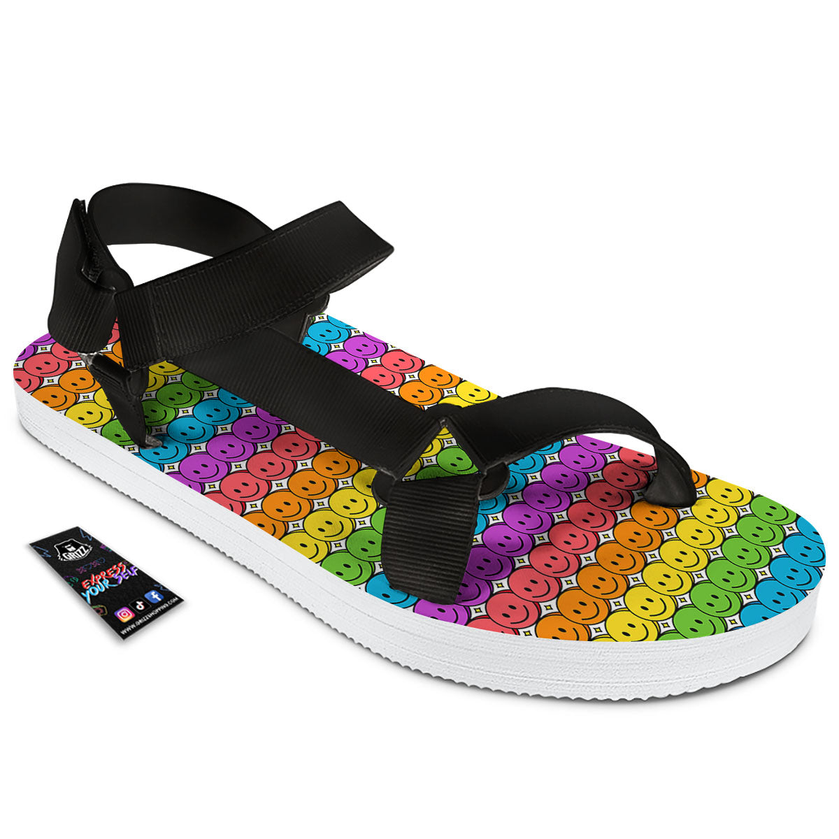 Emoji Faces Colorful Print Pattern Black Open Toe Sandals-grizzshop