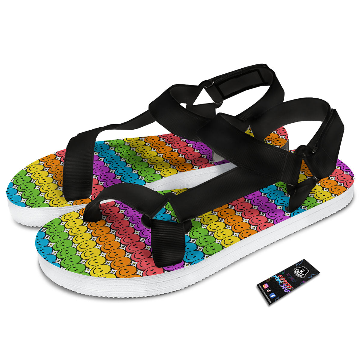 Emoji Faces Colorful Print Pattern Black Open Toe Sandals-grizzshop
