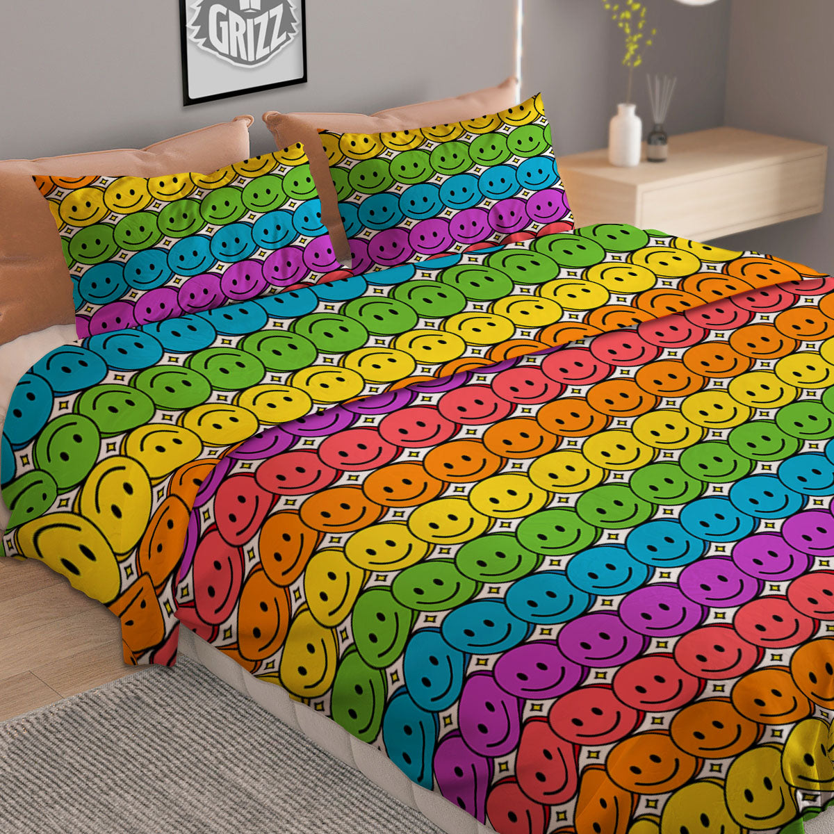 Floral Grey Daisy Print Pattern Duvet Cover Bedding Set
