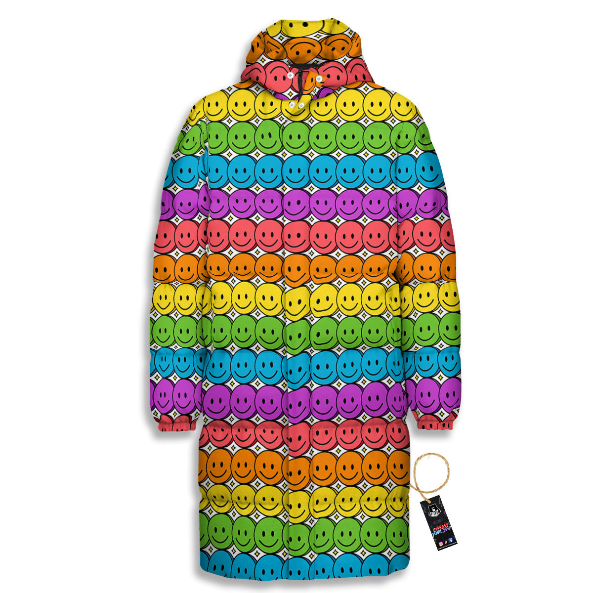 Emoji Faces Colorful Print Pattern Long Down Jacket-grizzshop