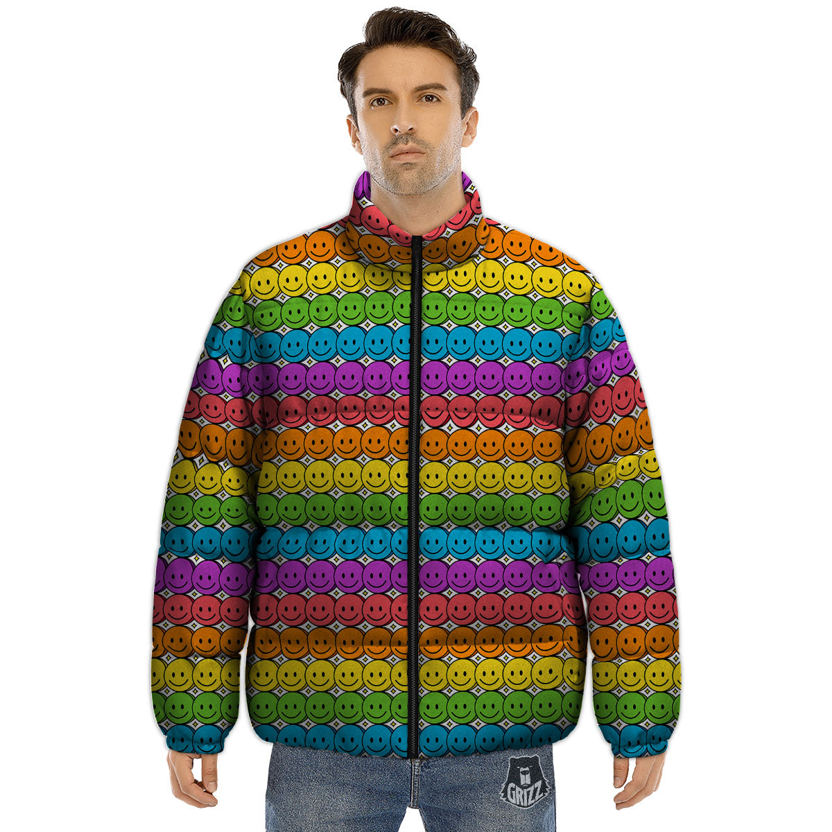 Emoji Faces Colorful Print Pattern Puffer Jacket-grizzshop