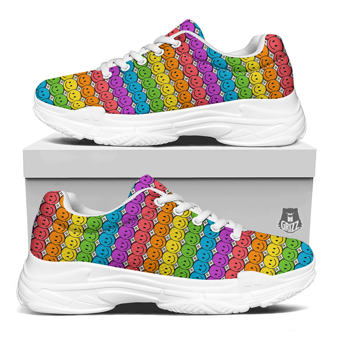 Emoji Faces Colorful Print Pattern White Chunky Shoes-grizzshop