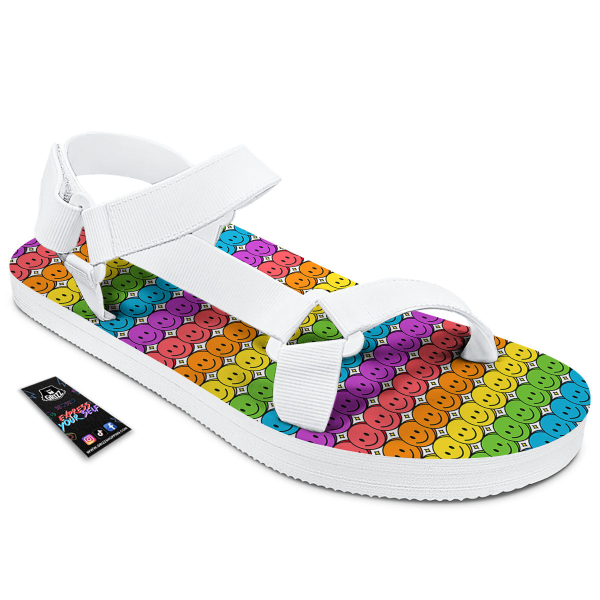 Emoji Faces Colorful Print Pattern White Open Toe Sandals-grizzshop
