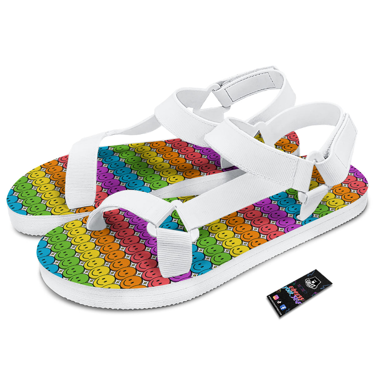 Emoji Faces Colorful Print Pattern White Open Toe Sandals-grizzshop