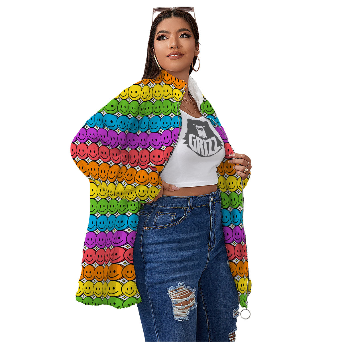 Emoji Faces Colorful Print Pattern Women's Sherpa Jacket-grizzshop