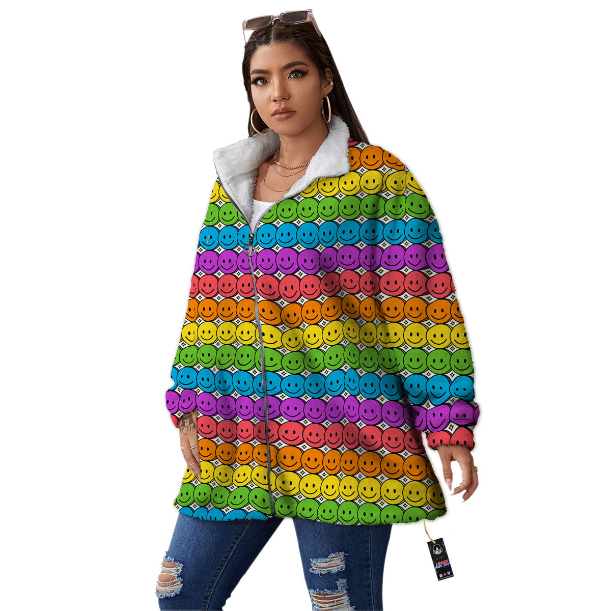 Emoji Faces Colorful Print Pattern Women's Sherpa Jacket-grizzshop