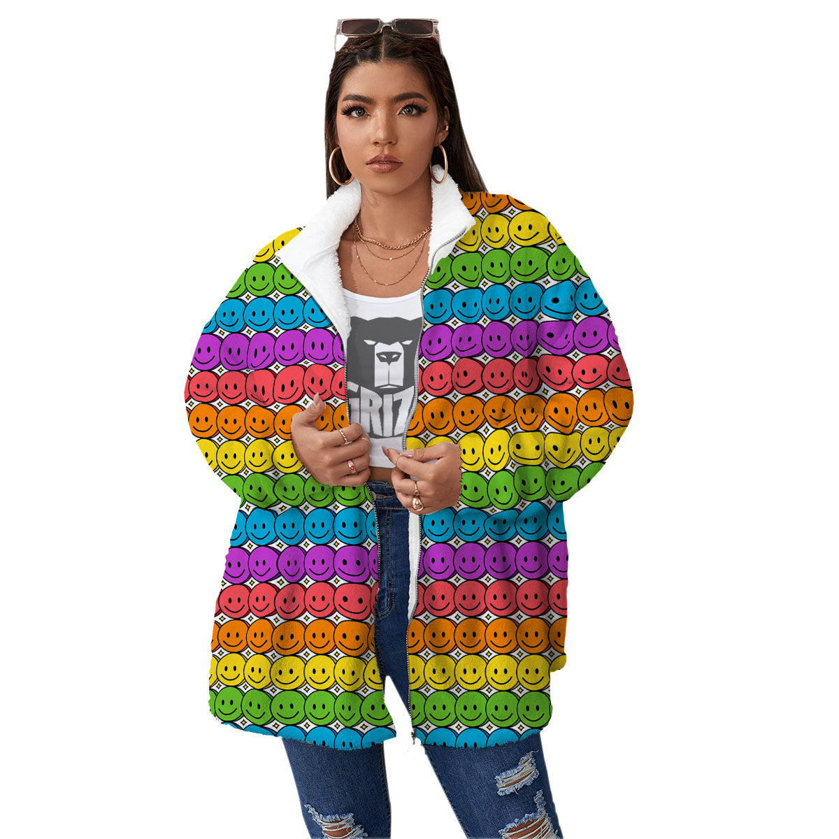 Emoji Faces Colorful Print Pattern Women's Sherpa Jacket-grizzshop
