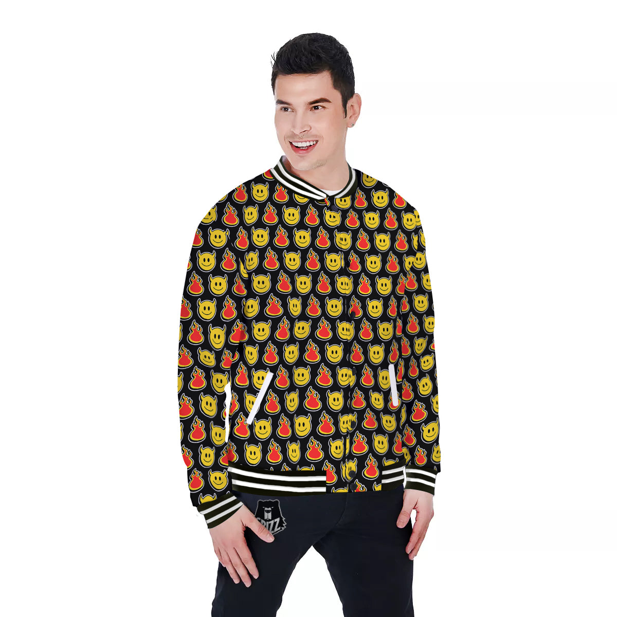 Emoji Fire And Devil Cute Print Pattern Baseball Jacket-grizzshop