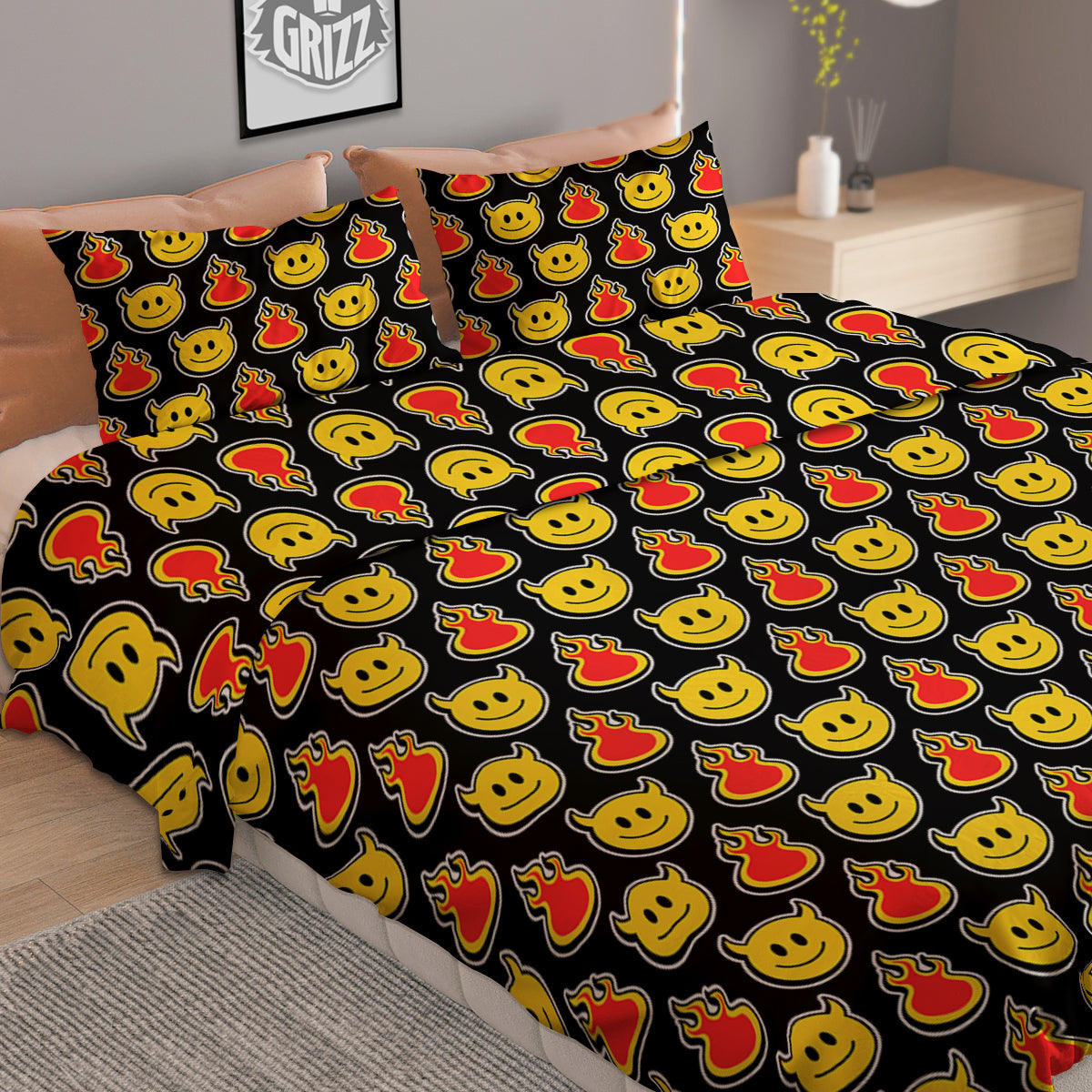 Emoji Fire And Devil Cute Print Pattern Duvet Cover Bedding Set