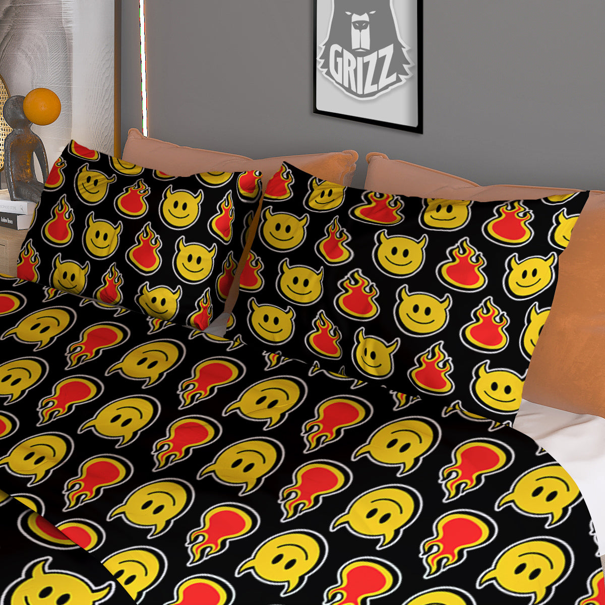 Emoji Fire And Devil Cute Print Pattern Duvet Cover Bedding Set