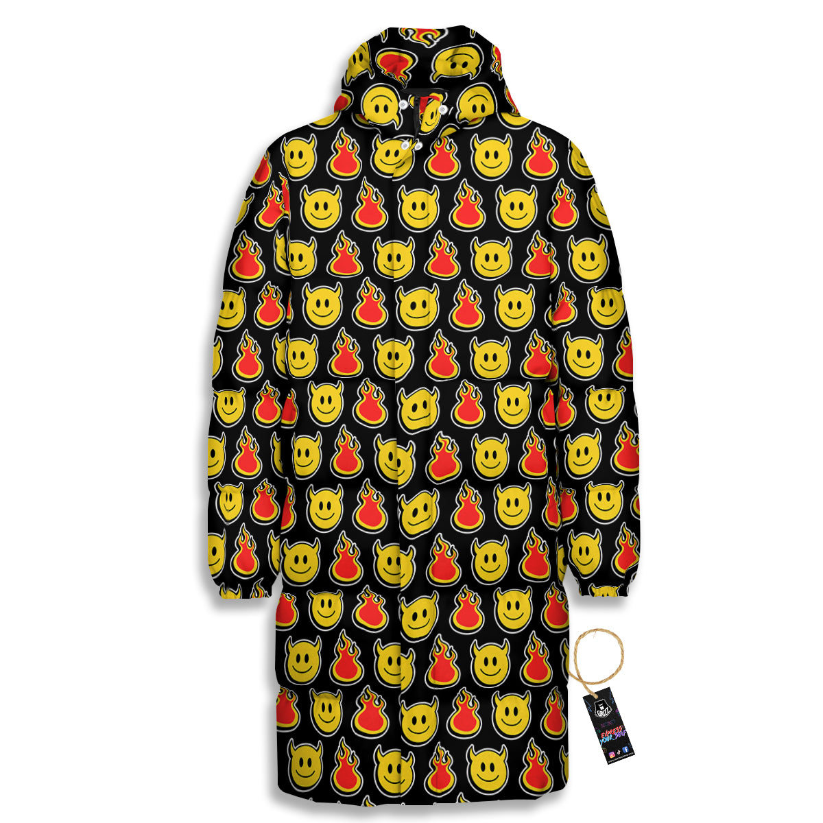 Emoji Fire And Devil Cute Print Pattern Long Down Jacket-grizzshop