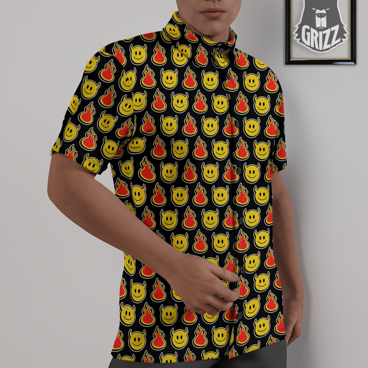Emoji Fire And Devil Cute Print Pattern Untucked Shirts-grizzshop