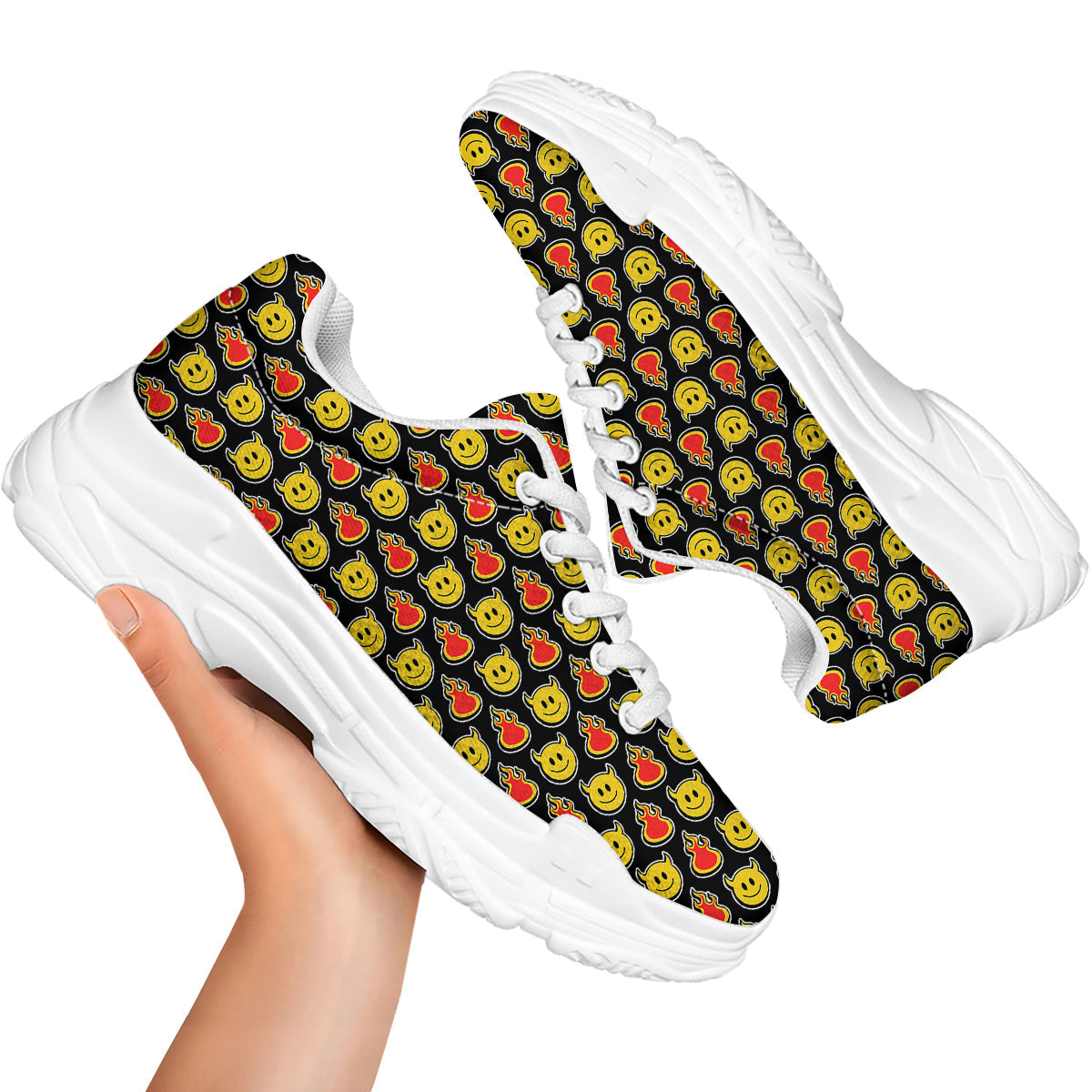 Emoji Fire And Devil Cute Print Pattern White Chunky Shoes-grizzshop