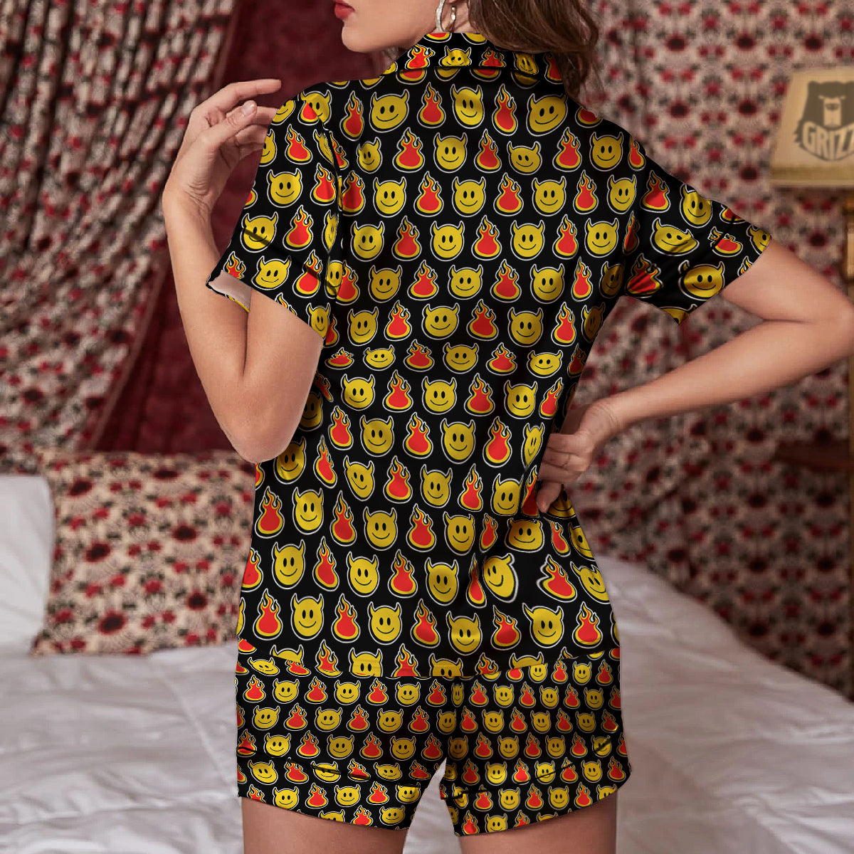 Emoji Fire And Devil Cute Print Pattern Women Silk Pajamas-grizzshop