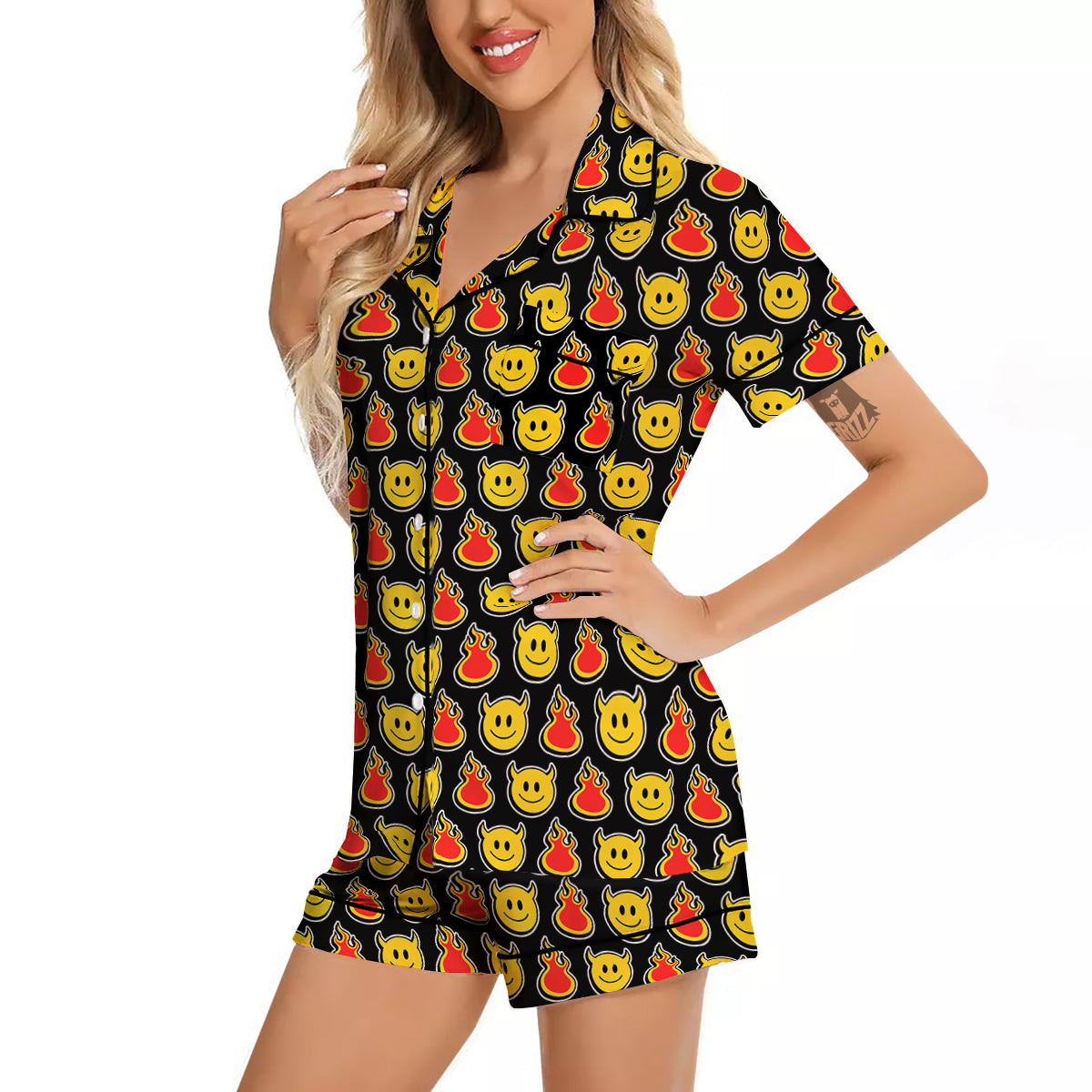 Emoji Fire And Devil Cute Print Pattern Women Silk Pajamas-grizzshop