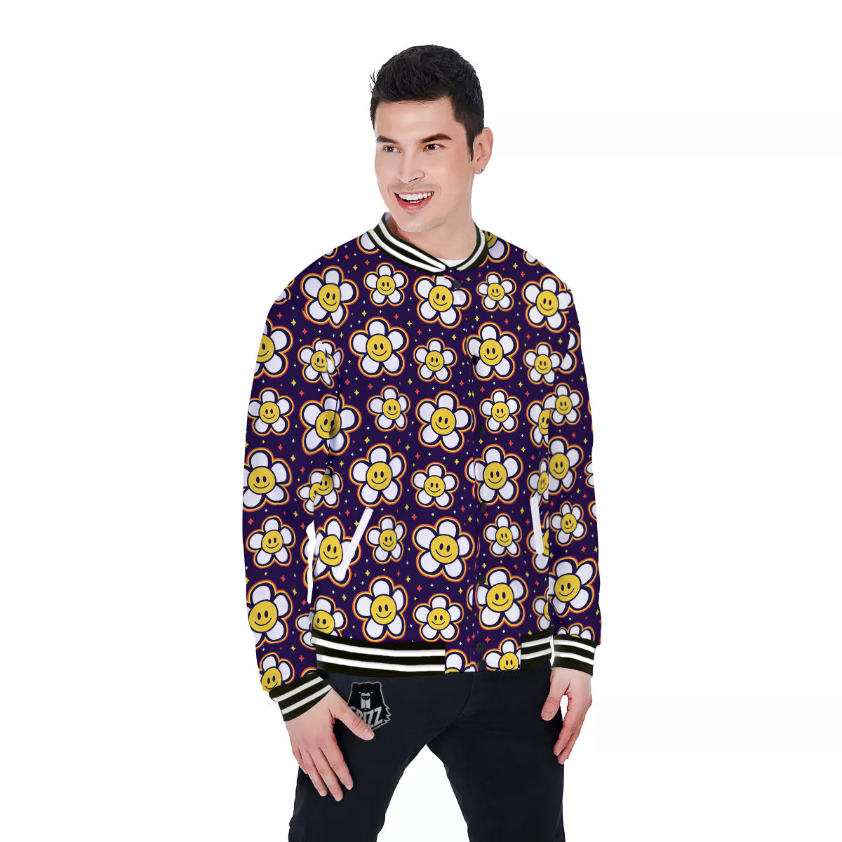 Emoji Flower Smile Print Pattern Baseball Jacket-grizzshop