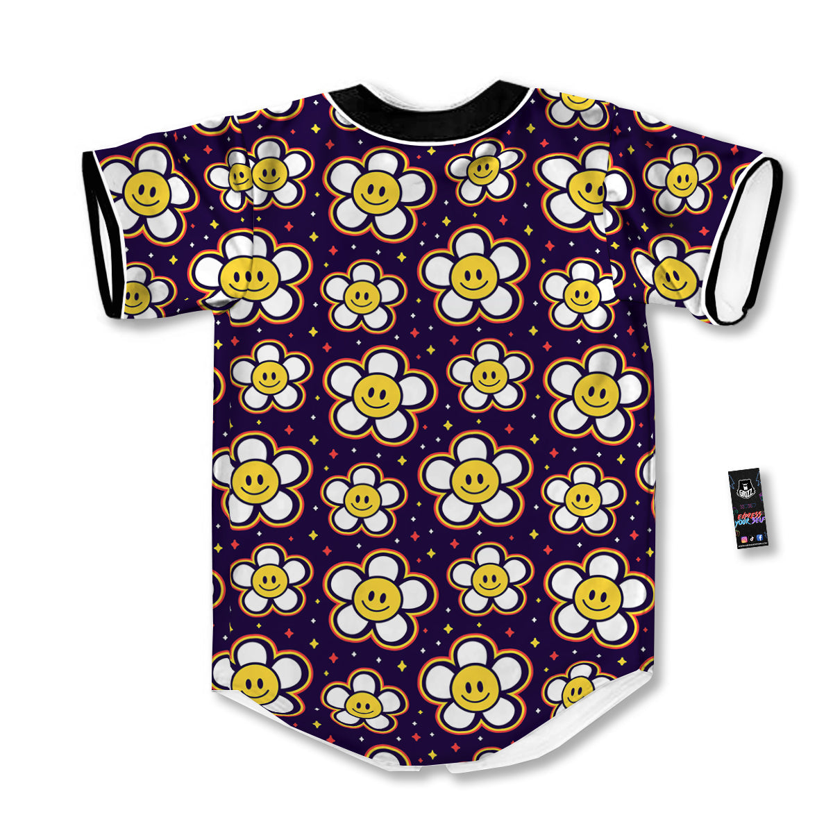 Emoji Flower Smile Print Pattern Baseball Jersey-grizzshop