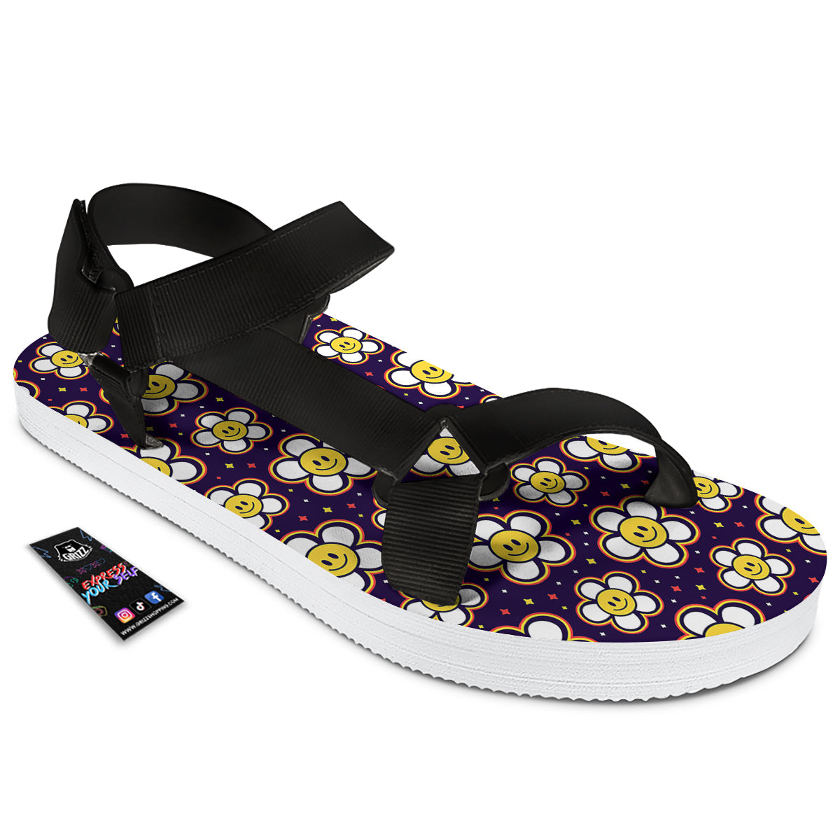 Emoji Flower Smile Print Pattern Black Open Toe Sandals-grizzshop