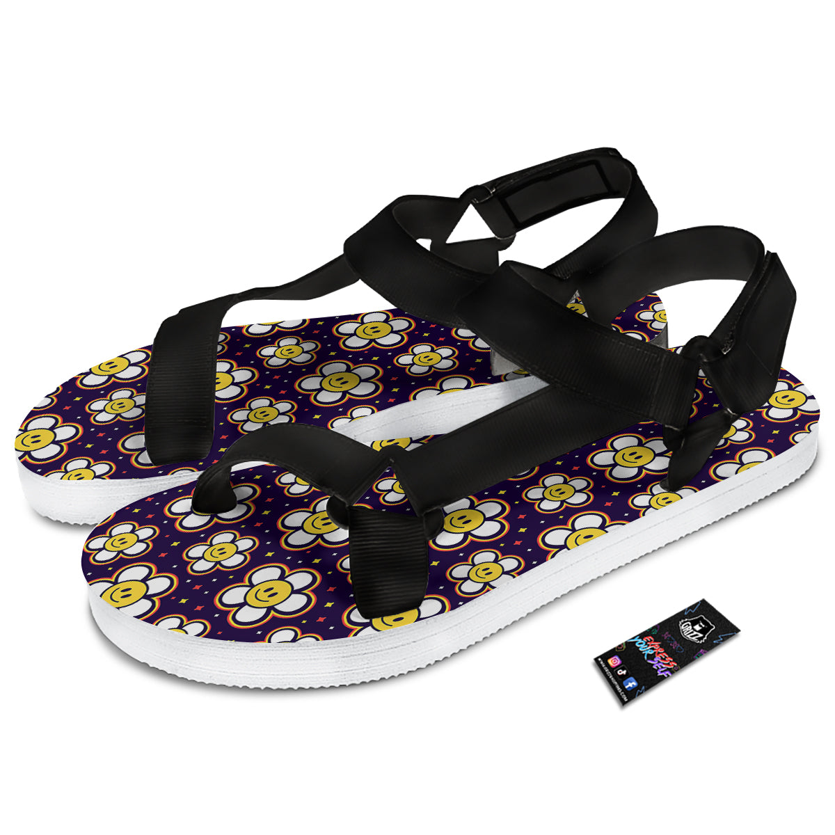 Emoji Flower Smile Print Pattern Black Open Toe Sandals-grizzshop