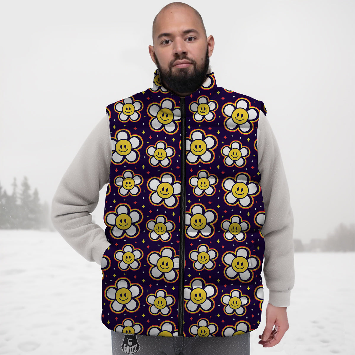 Emoji Flower Smile Print Pattern Down Vest