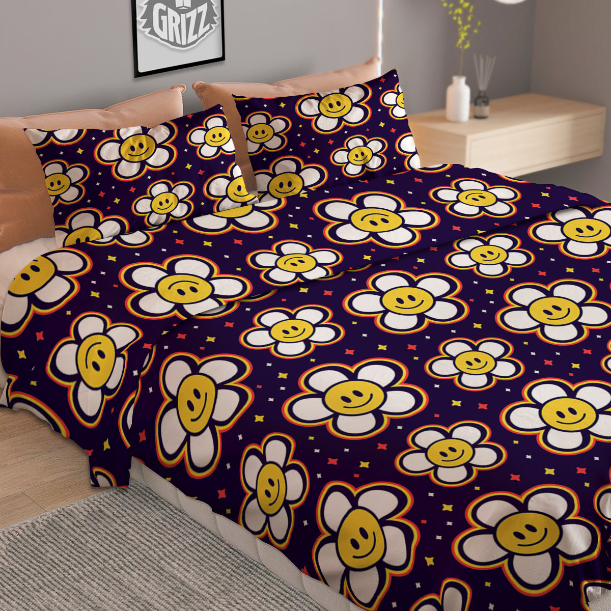 Emoji Flower Smile Print Pattern Duvet Cover Bedding Set