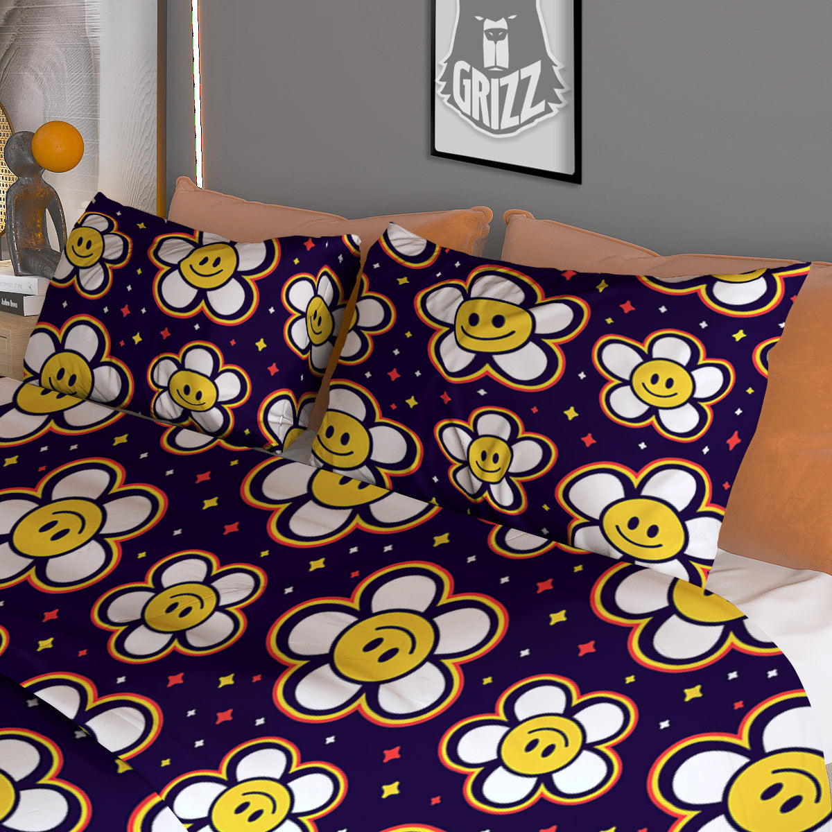 Emoji Flower Smile Print Pattern Duvet Cover Bedding Set