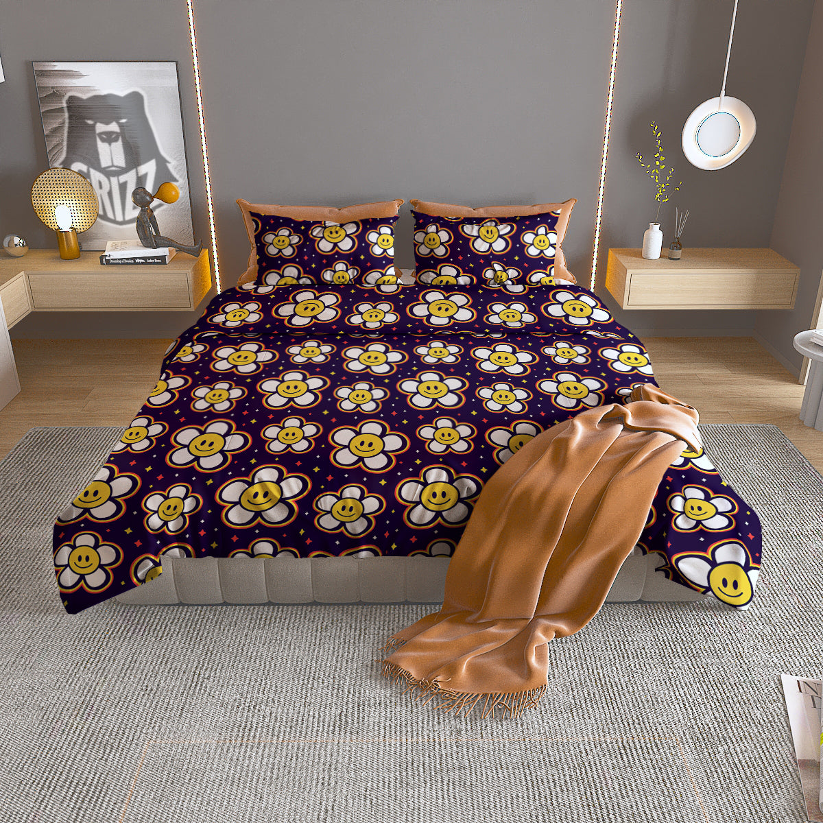 Emoji Flower Smile Print Pattern Duvet Cover Bedding Set
