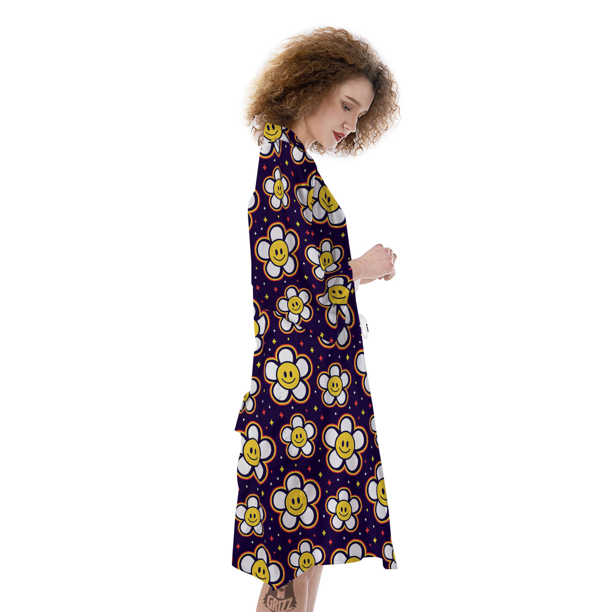 Emoji Flower Smile Print Pattern Kimono-grizzshop