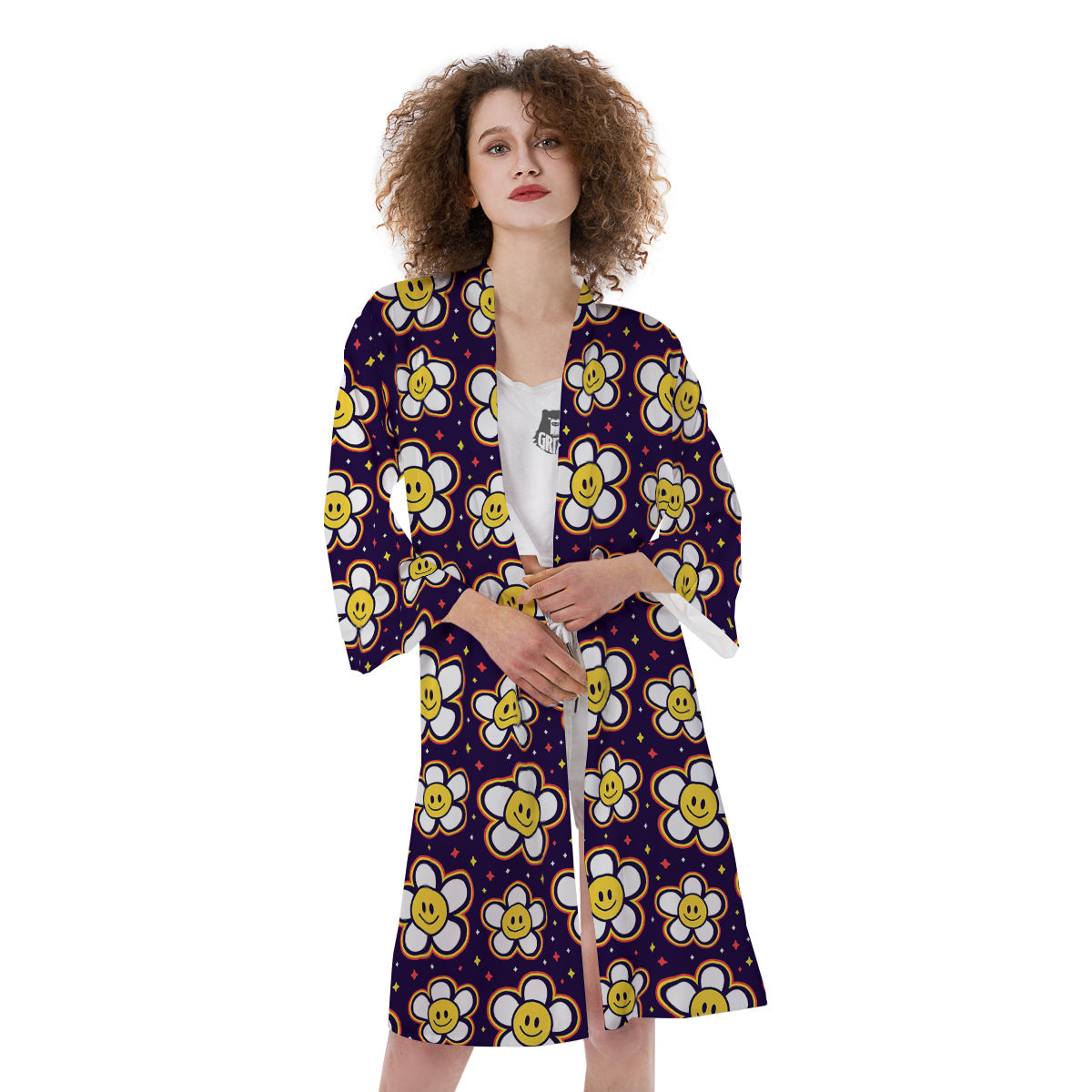 Emoji Flower Smile Print Pattern Kimono-grizzshop