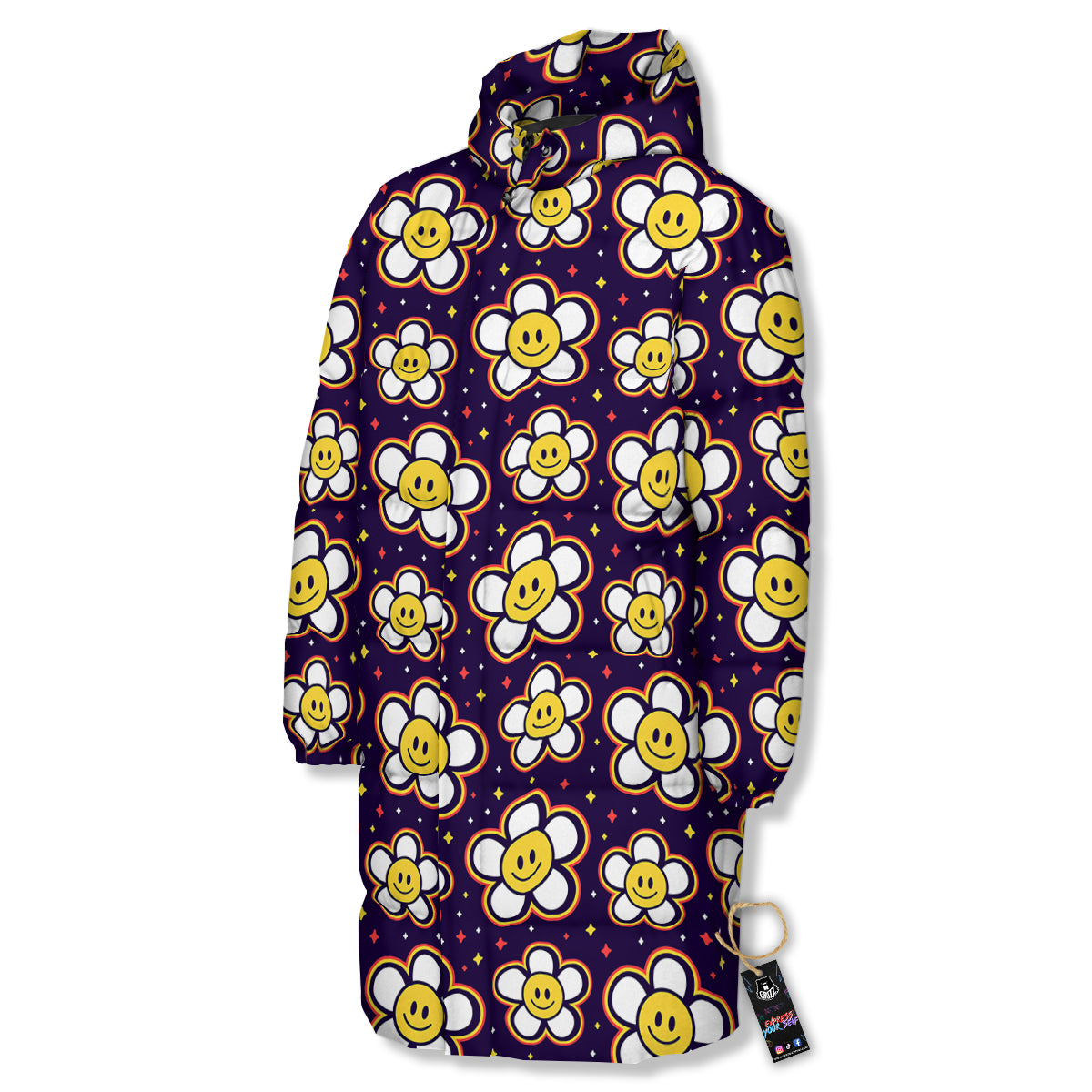 Emoji Flower Smile Print Pattern Long Down Jacket-grizzshop