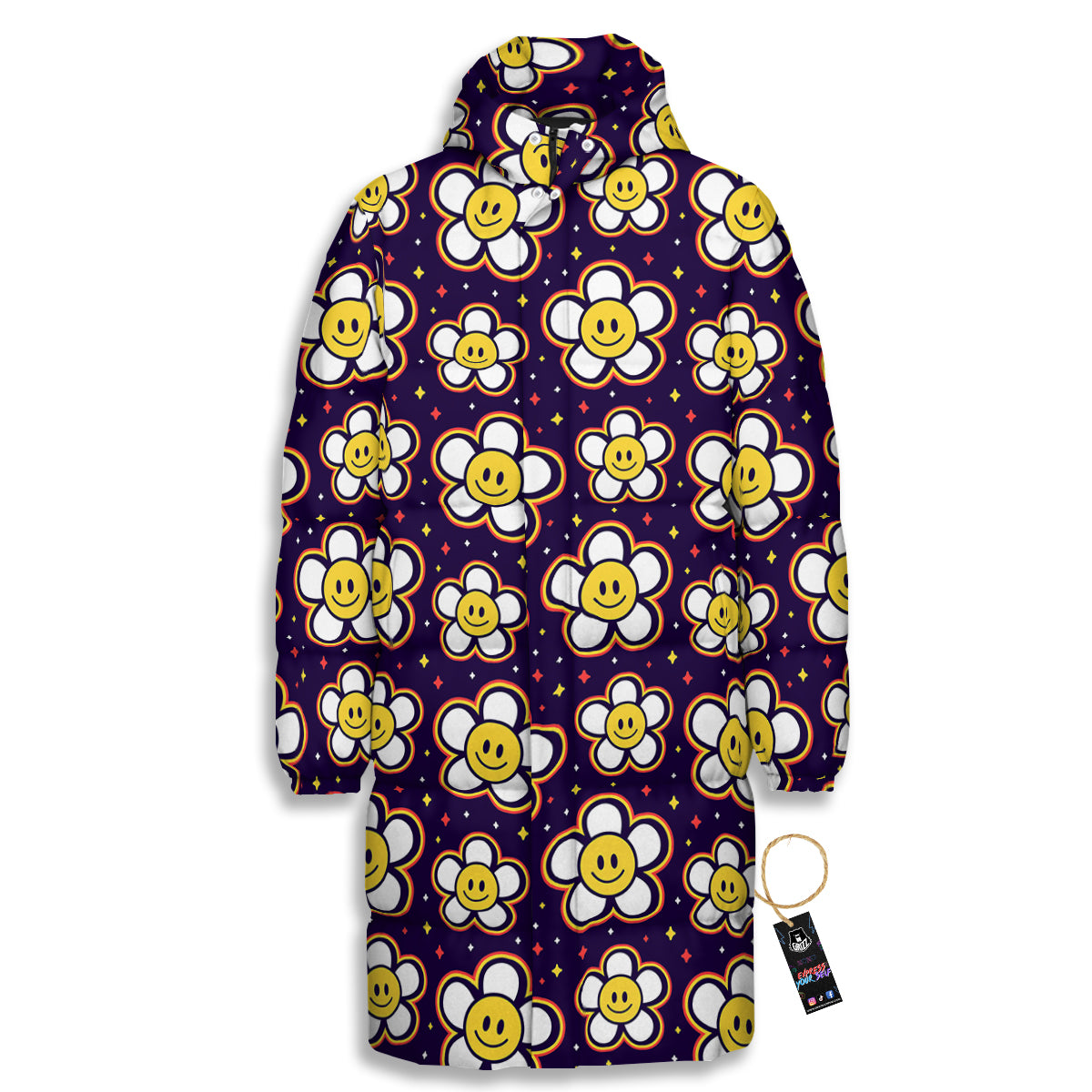 Emoji Flower Smile Print Pattern Long Down Jacket-grizzshop