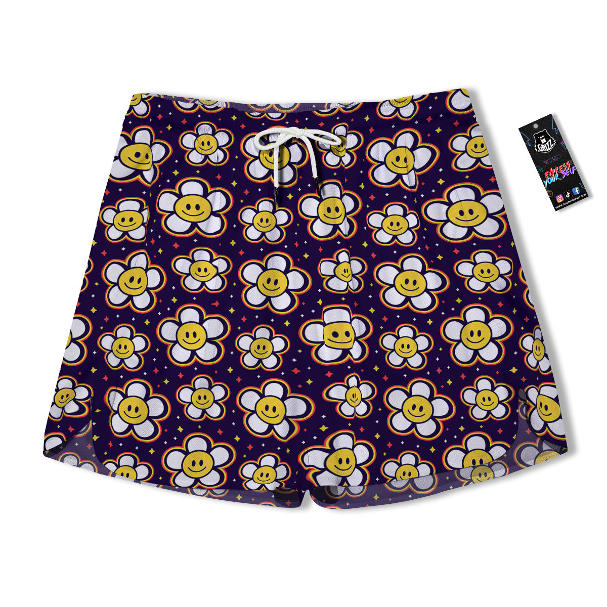 Emoji Flower Smile Print Pattern Men's Running Shorts-grizzshop