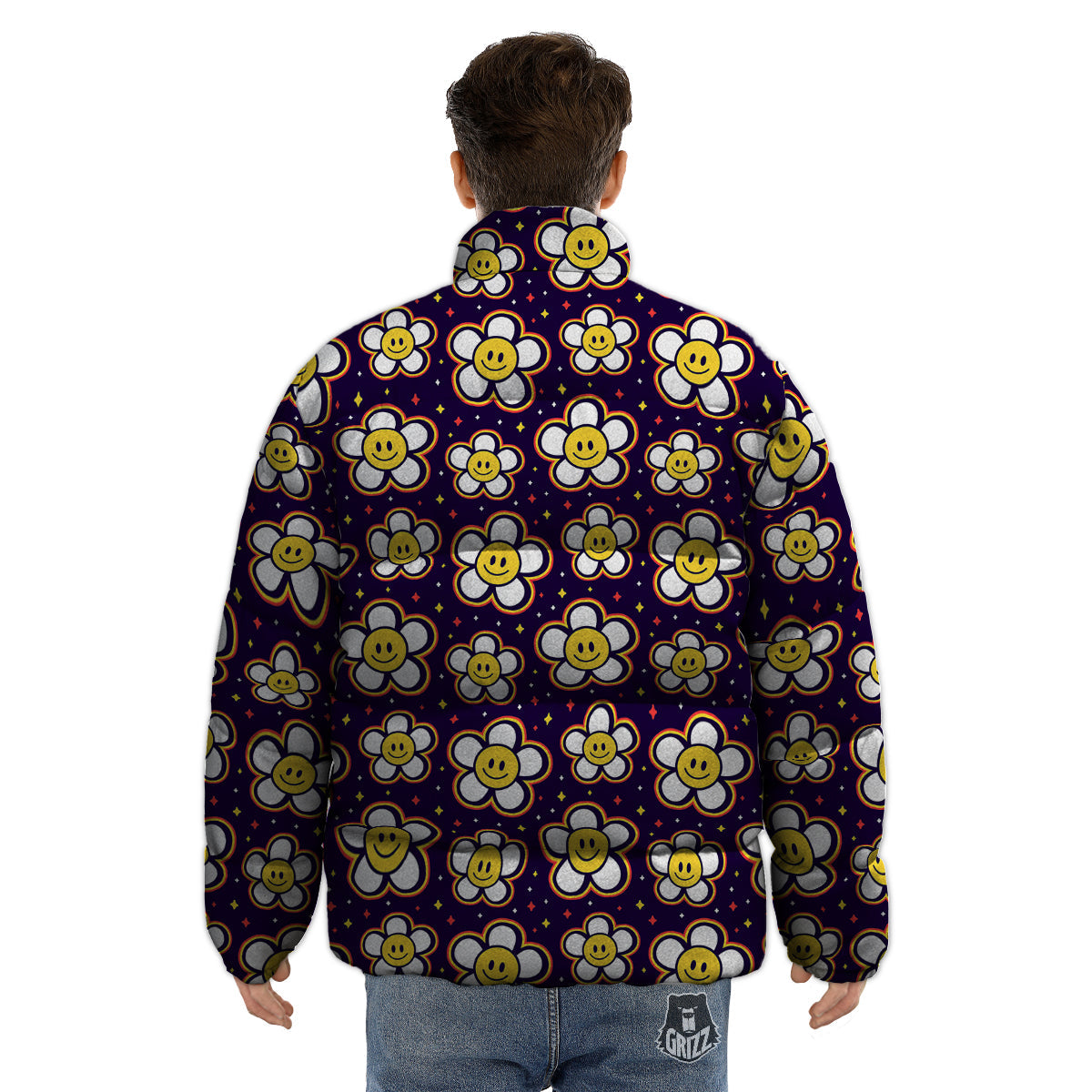 Emoji Flower Smile Print Pattern Puffer Jacket-grizzshop