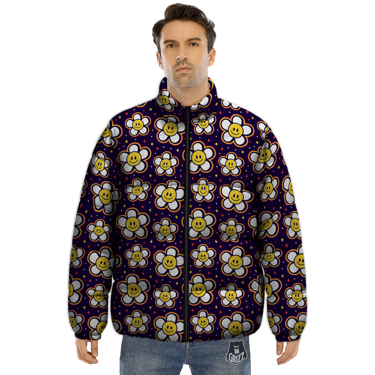Emoji Flower Smile Print Pattern Puffer Jacket-grizzshop