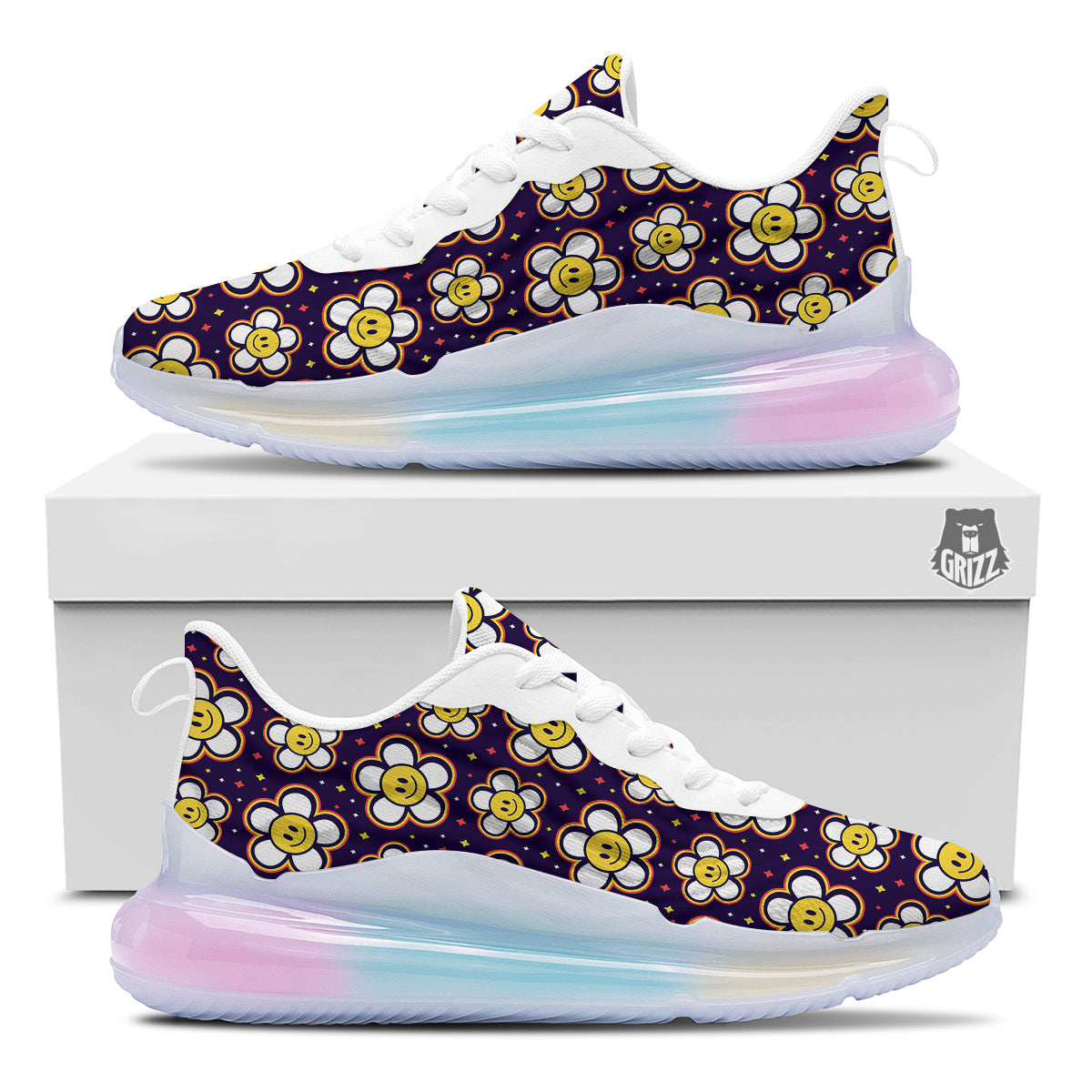 Emoji Flower Smile Print Pattern Running Sneakers-grizzshop