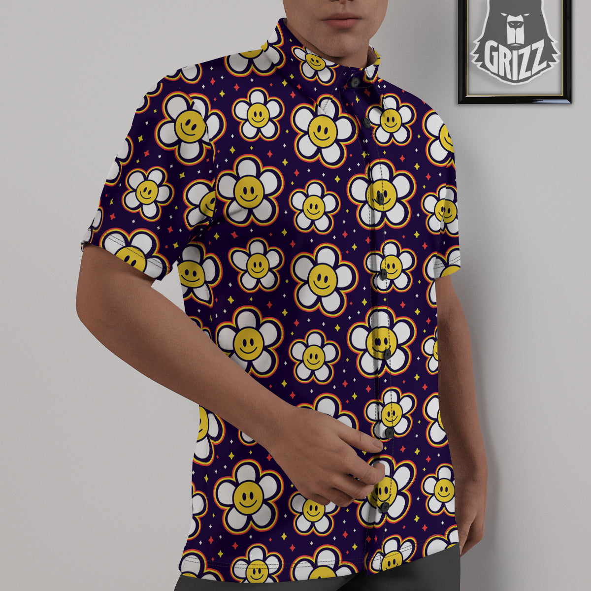 Emoji Flower Smile Print Pattern Untucked Shirts-grizzshop