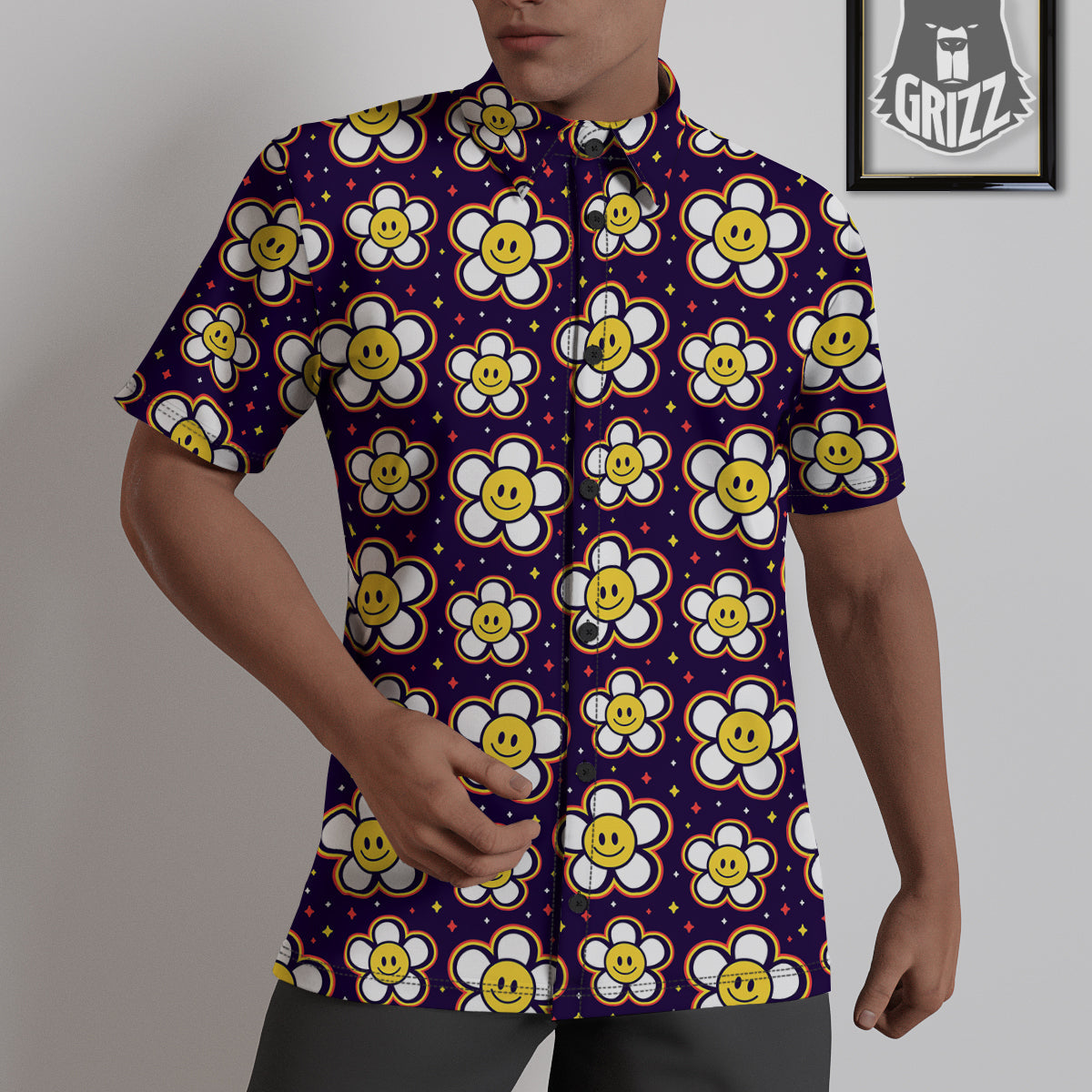 Emoji Flower Smile Print Pattern Untucked Shirts-grizzshop
