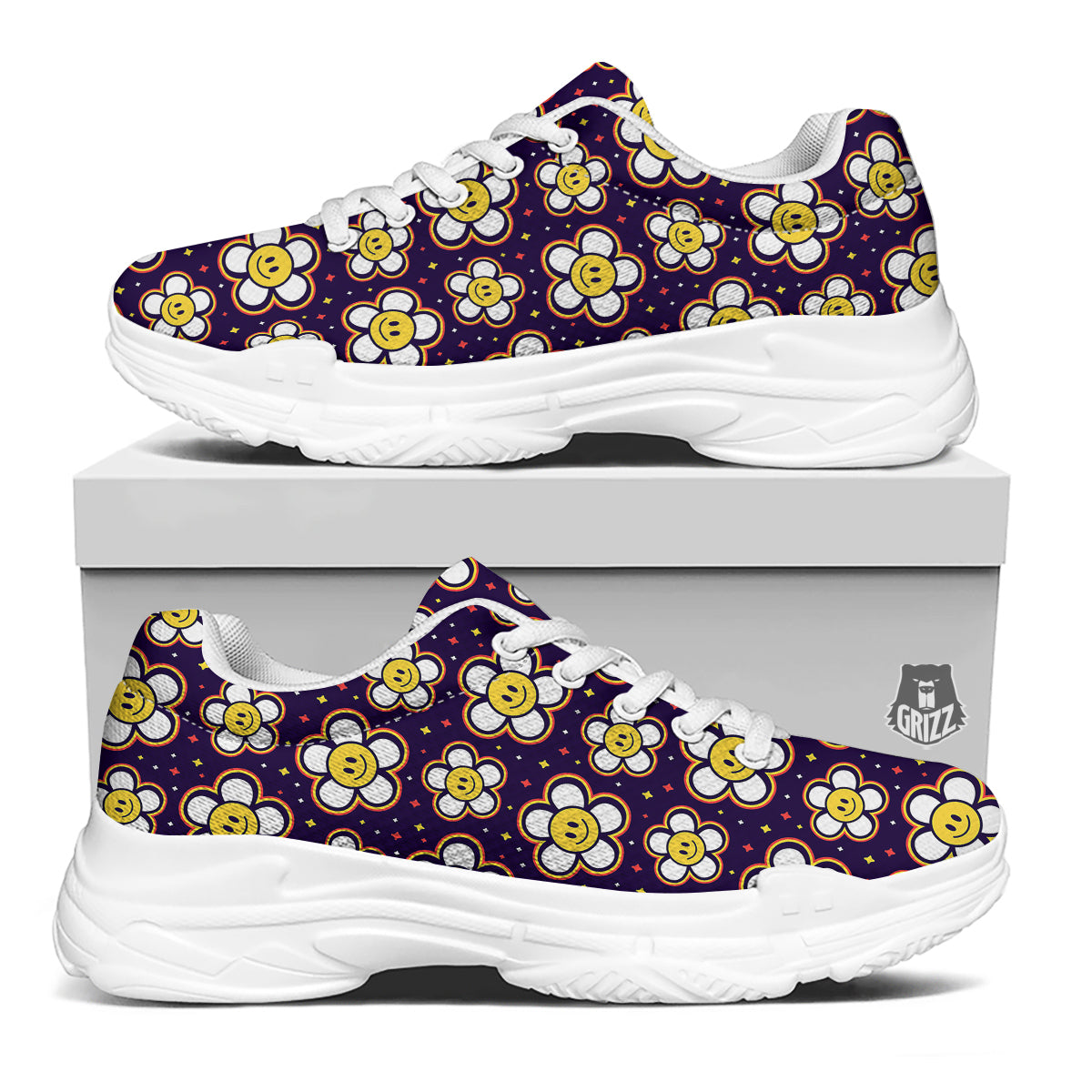 Emoji Flower Smile Print Pattern White Chunky Shoes-grizzshop