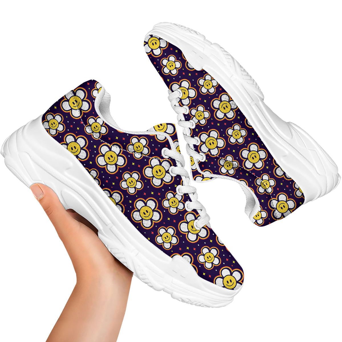Emoji Flower Smile Print Pattern White Chunky Shoes-grizzshop