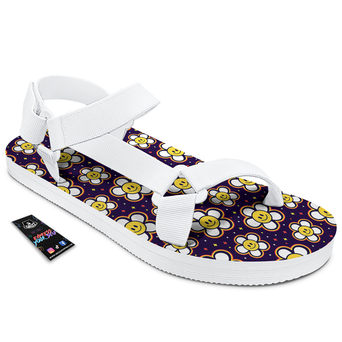 Emoji Flower Smile Print Pattern White Open Toe Sandals-grizzshop
