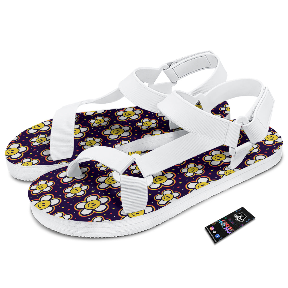 Emoji Flower Smile Print Pattern White Open Toe Sandals-grizzshop