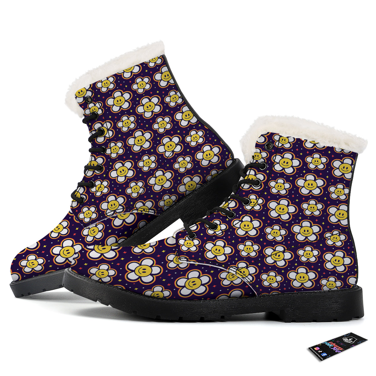 Emoji Flower Smile Print Pattern Winter Boots-grizzshop