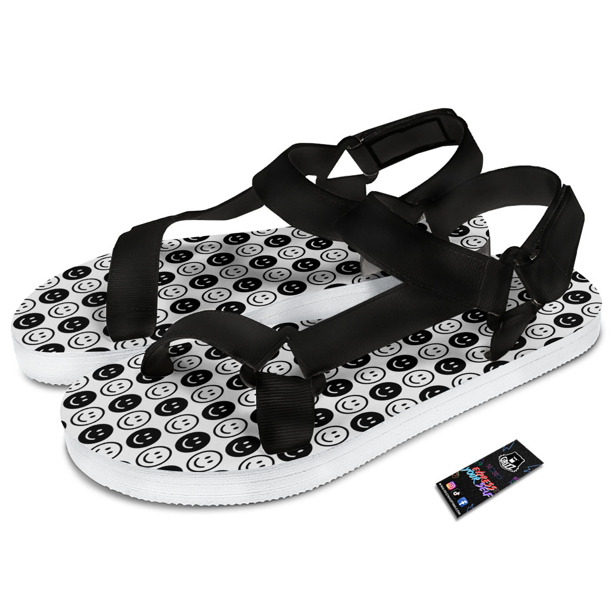 Emoji Funny Print Pattern Black Open Toe Sandals-grizzshop